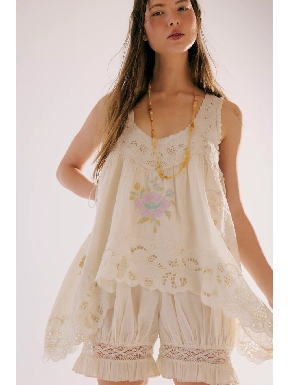 Intimately Free People Women’s L Boho Sleeveless Embroidered Lace Tunic Ivory